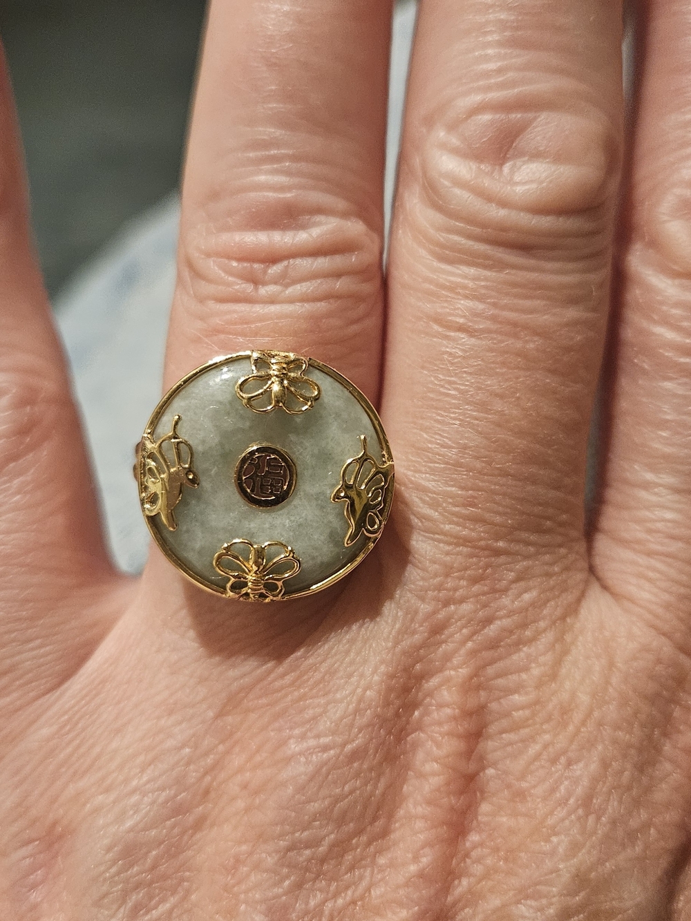 Sterling 925 Gold Plated Green Jade Floral  Ring